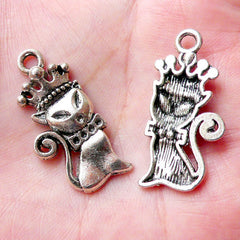 Princess Kitty Charm Cat with Crown Charms (4pcs / 15m x 31mm / Tibetan Silver) Kawaii Jewelry Pet Animal Pendant Keychain Charm CHM1152