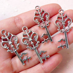Skeleton Key Charms (4pcs / 15mm x 35mm / Tibetan Silver / 2 Sided) Silver Key Charm Necklace Steampunk Jewellery Zipper Pull Charm CHM1166