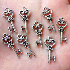 Small Heart Key Charms (8pcs / 9mm x 21mm / Tibetan Silver / 2 Sided) Key Necklace Pendant Bracelet Bangle Anklet Dust Plug Charm CHM1193