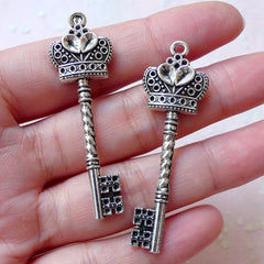 Crown Key Charms (2pcs / 16mm x 50mm / Tibetan Silver / 2 Sided) Silver Key Pendant Necklace Cute Princess Jewellery Key Fob Charm CHM1192