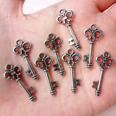 Small Fleur De Lis Key Charms (8pcs / 11mm x 25mm / Tibetan Silver / 2 Sided) Key Bracelet Pendant Bangle Anklet Dust Plug Charm CHM1203
