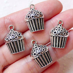 Cupcake Charms Miniature Sweets Charm (4pcs / 14m x 19mm / Tibetan Silver) Whimsical Kitsch Jewelry Kawaii Dust Plug Charm Bookmark CHM1212