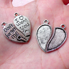 CLEARANCE Split Heart Charms Don't Forget Me Charm I Want You Charm (6pcs / 12mm x 26mm / Tibetan Silver) Valentines Day Keychain Charm CHM1248