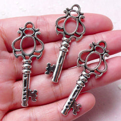 Silver Skeleton Key Charms (3pcs / 17mm x 44mm / Tibetan Silver / 2 Sided) Silver Key Charm Necklace Steam Punk Jewelry Zipper Pull CHM1278