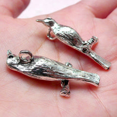 3D Bird on a Branch Charms Bird Pendant (2 pcs / 15mm x 35mm / Tibetan Silver) Animal Jewelry Necklace Bangle Earrings Keychain CHM1286