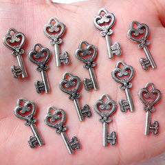 CLEARANCE Tiny Heart Key Charms (12pcs / 9mm x 20mm / Tibetan Silver / 2 Sided) Kawaii Princess Key Bangle Bracelet Pendant Dust Plug Charm CHM1287