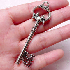 Silver Key Charm / Big Fancy Key Charm (1 piece / 20mm x 67mm / Tibetan Silver / 2 Sided) Key Pendant Necklace Handbag Zipper Pull CHM1268