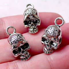 CLEARANCE 3D Skull Charms (3pcs / 10mm x 22mm / Tibetan Silver) Gothic Skull Jewelry Punk Earring Halloween Necklace Spooky Creepy Bracelet CHM1294