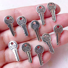 Miniature Key Charms (10pcs / 9mm x 19mm / Tibetan Silver / 2 Sided) Dollhouse Door Key Bracelet Pendant Necklace Keychain Charm CHM1333