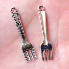 Miniature Fork Charms Dollhouse Flatware Charm (8pcs / 7mm x 32mm / Tibetan Silver) Dust Plug Charm Miniature Sweets Keychain Charm CHM1358