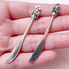 CLEARANCE Table Knife w/ Crown Charms Flatware Charm (2pcs / 8mm x 60mm / Tibetan Silver) Miniature Sweets Jewelry Keychain Earring Bookmark CHM1378