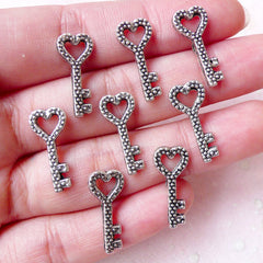 Heart Key Charm Tiny Key Charm (8pcs / 8mm x 19mm / Tibetan Silver) Necklace Pendant Thread Bracelet Favor Charm Wine Glass Charm CHM1380