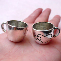 Miniature Coffee Cup Charms 3D Dollhouse Cup Pendant (2pcs / 26mm x 16mm / Tibetan Silver) Kawaii Kitsch Jewelry Whimsical Charm CHM1368