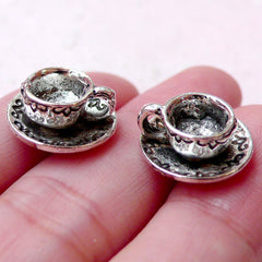 CLEARANCE 3D Coffee Cup Charms / Tea Cup Pendant (2pcs / 14mm x 7mm / Tibetan Silver) Miniature Sweets Jewelry Dollhouse Cup Kitsch Charm CHM1369