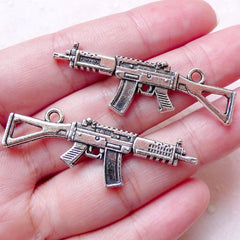 Rifle AK47 Charm SIG 550 Gun Charm (2pcs / 45mm x 15mm / Tibetan Silver / 2 Sided) Weapon Jewelry War Charm Zipper Pull Keychain CHM1374