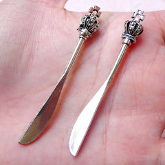 CLEARANCE Table Knife w/ Crown Charms Flatware Charm (2pcs / 8mm x 60mm / Tibetan Silver) Miniature Sweets Jewelry Keychain Earring Bookmark CHM1378