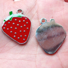 Strawberry Enamel Charms (2pcs / 21mm x 25mm / Red & Green) Kawaii Fruit Earrings Bracelet Pendant Bangle Pouch Zipper Pull Keychain CHM1402