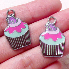 Cupcake Enamel Charms Miniature Sweets Charm (2pcs / 16mm x 26mm / Colorful) Kawaii Jewelry Bangle Bookmark Keychain Dust Plug Charm CHM1408