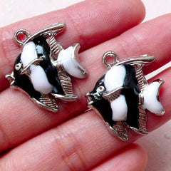 CLEARANCE Moorish Idol Enamel Charms Tropical Fish Charm (2pcs / 22mm x 25mm / Black & White) Marine Life Jewelry Bracelet Bangle Anklet Charm CHM1409