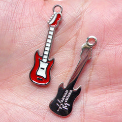 Red Electric Guitar Enamel Charms (2pcs / 9mm x 34mm / Red & White) Music Charm Necklace Earrings Pendant Keychain Zipper Pull Charm CHM1415