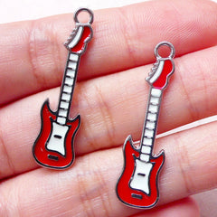 Red Electric Guitar Enamel Charms (2pcs / 9mm x 34mm / Red & White) Music Charm Necklace Earrings Pendant Keychain Zipper Pull Charm CHM1415