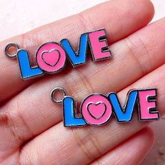 Love Enamel Charms Valentines Day Charm (2pcs / 32mm x 13mm / Blue & Pink) Wedding Party Decoration Zipper Pull Keychain Favor Charm CHM1407