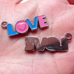 Love Enamel Charms Valentines Day Charm (2pcs / 32mm x 13mm / Blue & Pink) Wedding Party Decoration Zipper Pull Keychain Favor Charm CHM1407