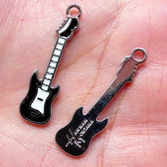 Electric Guitar Enamel Charms (2pcs / 9mm x 34mm / Black & White) Music Charm Pendant Earrings Bookmark Guitar Bag Zipper Pull Charm CHM1416
