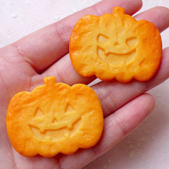 Halloween Pumpkin Cookie Cabochon (2pcs / 42mm x 34mm / Flat Back) Whimsical Sweets Jewelry Kawaii Decoden Party Decor Embellishment FCAB285