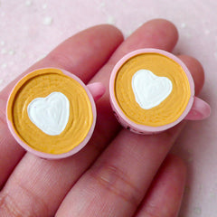 3D Cafe Coffee Cup Cabochons w/ Heart Latte Art (2pcs / 25mm x 17mm / Flat Bottom) Miniature Coffee Kitsch Jewelry Whimsical Decoden FCAB288
