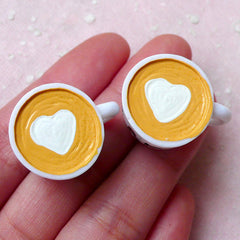 Miniature Coffee Cup Cabochons w/ Heart Latte Art (2pcs / 25mm x 17mm / Flat Bottom) Dollhouse Cup Whimsical Jewellery Kitsch Charm FCAB289