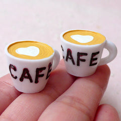Miniature Coffee Cup Cabochons w/ Heart Latte Art (2pcs / 25mm x 17mm / Flat Bottom) Dollhouse Cup Whimsical Jewellery Kitsch Charm FCAB289