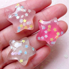 Decora Fairy Kei Jewelry Puffy Star Resin Cabochons w/ Glitter Confetti (3pcs / 25mm x 24mm) Kawaii Decoration Phone Case Decoden CAB375