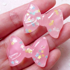 Fairy Kei Bow Resin Cabochons w/ Star Confetti Glitter (2pcs / 34mm x 26mm / Pink / Flat Back) Kawaii Decora Decoration Scrabooking CAB376