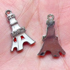 Paris Eiffel Tower Enamel Charms with Clear Rhinestones (2pcs / 13mm x 21mm / White & Red) Zipper Pull Charm Wine Charm Bracelet CHM1426