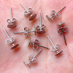 Earring Studs with 5mm Pad / Ear Stud / Earrings Blank / Ear Post (Silver / 20 Sets / 10 Pairs with Ear Nuts or Backs / Nickel Free) F175