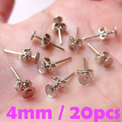 4mm Glue Pad Earring Post / Ear Stud / Earring Studs / Earring Blank (Silver / 20 Sets / 10 Pairs with Ear Nuts or Backs / Nickel Free) F178