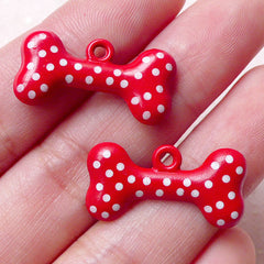 Dog Bone Color Charms Dog Toy Charm (2pcs / 24mm x 12mm / Red & White Polka Dot / 2 Sided) Pet Keychain Necklace Pendant Bracelet CHM1419
