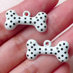 Dog Toy Color Charm Dog Bone Charms (2pcs / 24mm x 12mm / White & Black Polka Dot / 2 Sided) Pet Keyring Earrings Anklet Bangle CHM1420