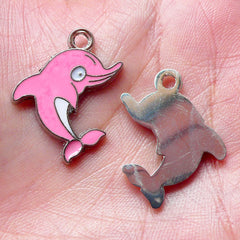 Pink Dolphin Enamel Charms (2pcs / 18mm x 26mm / Pink and White) Keychain Purse Zipper Pull Charm Bracelet Bangle Anklet Earrings CHM1425