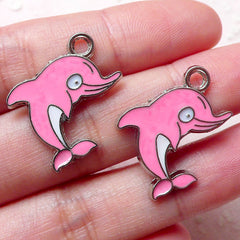 Pink Dolphin Enamel Charms (2pcs / 18mm x 26mm / Pink and White) Keychain Purse Zipper Pull Charm Bracelet Bangle Anklet Earrings CHM1425