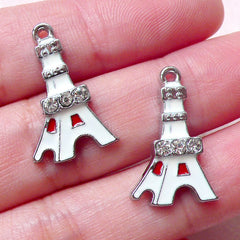 Paris Eiffel Tower Enamel Charms with Clear Rhinestones (2pcs / 13mm x 21mm / White & Red) Zipper Pull Charm Wine Charm Bracelet CHM1426