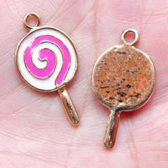 Lollipop Enamel Charms (2pcs / 14mm x 27mm / Pink & White) Necklace Bracelet Bangle Anklet Earrings Miniature Sweets Keychain Charm CHM1445