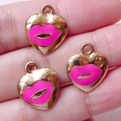 Lips Heart Enamel Charms Kiss Charm (3pcs / 14mm x 16mm / Pink) Pendant Necklace Bracelet Earring Bangle Favor Charm Wine Charm CHM1447