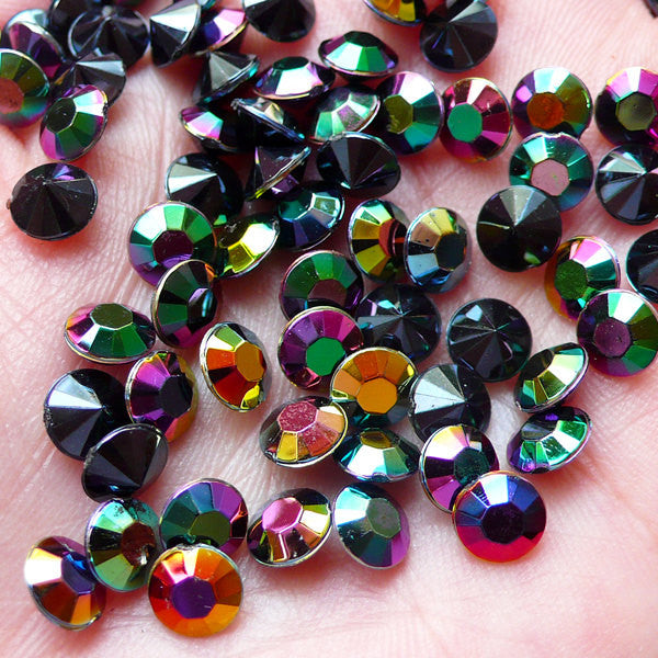6mm Tip End Rhinestones / Pointed Back Acrylic Rhinestones (45pcs / SS27 / AB Black) Bling Bling Faceted Rhinestone Cell Phone Deco RHE094