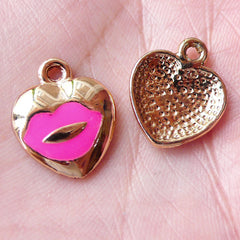 Lips Heart Enamel Charms Kiss Charm (3pcs / 14mm x 16mm / Pink) Pendant Necklace Bracelet Earring Bangle Favor Charm Wine Charm CHM1447