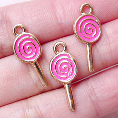 Cute Lollipop Enamel Charms (3pcs / 9mm x 21mm / Pink) Necklace Bracelet Bangle Anklet Earrings Miniature Sweets Baby Shower Charm CHM1449