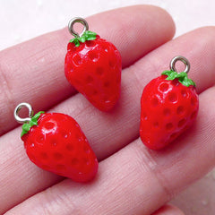 3D Strawberry Charms Fruit Cabochon w/ Eye Pin (3pcs / 11mm x 19mm / Red & Green) Pendant Bracelet Earrings Bangle Cute Favor Charm CHM1456