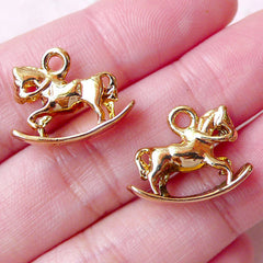 3D Rocking Horse Charms (2pcs / 18mm x 14mm / Gold / 2 Sided) Baby Shower Favor Charm Whimsical Pendant Cute Charm Bracelet Keychain CHM1473