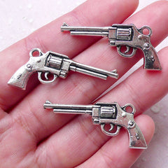 3D Pistol Charms Revolver Gun Firearm Weapon (3pcs / 35mm x 16mm / Tibetan Silver / 2 Sided) Whimsical Jewelry Keychain Zipper Pull CHM1475